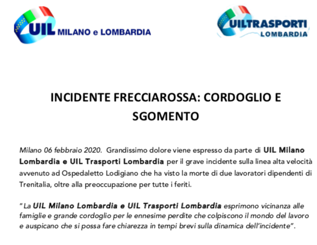 Incidente Ferroviario a Lodi
<a href="/DMargaritella/">Danilo Margaritella</a> <a href="/VincenzoCesare2/">Vincenzo Cesare</a>  <a href="/albrizioanto/">Antonio Albrizio</a> <a href="/Uiltrasporti_N/">UILTRASPORTI</a>  <a href="/UILTuCSLomb/">UILTuCS Lombardia</a> <a href="/UILofficial/">Uil Nazionale</a> <a href="/UilGiovaniMiLo/">Uil Giovani Lombardia</a>