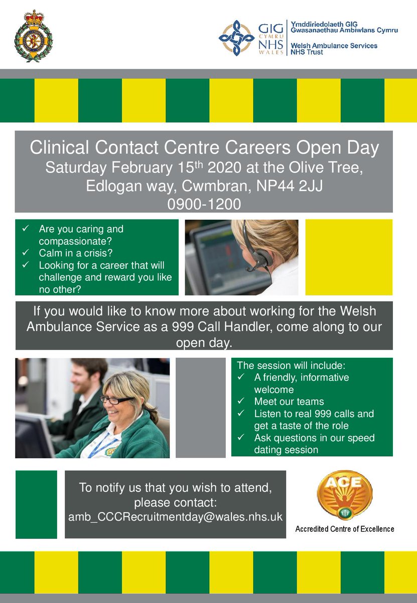Looking for a meaningful role helping people but don’t know where to start? 

Come to our Clinical Contact Centre Careers Open Day on Sat 15 Feb in Cwmbran and ask your questions about what it’s like to save lives over the 📞
#TeamWAST