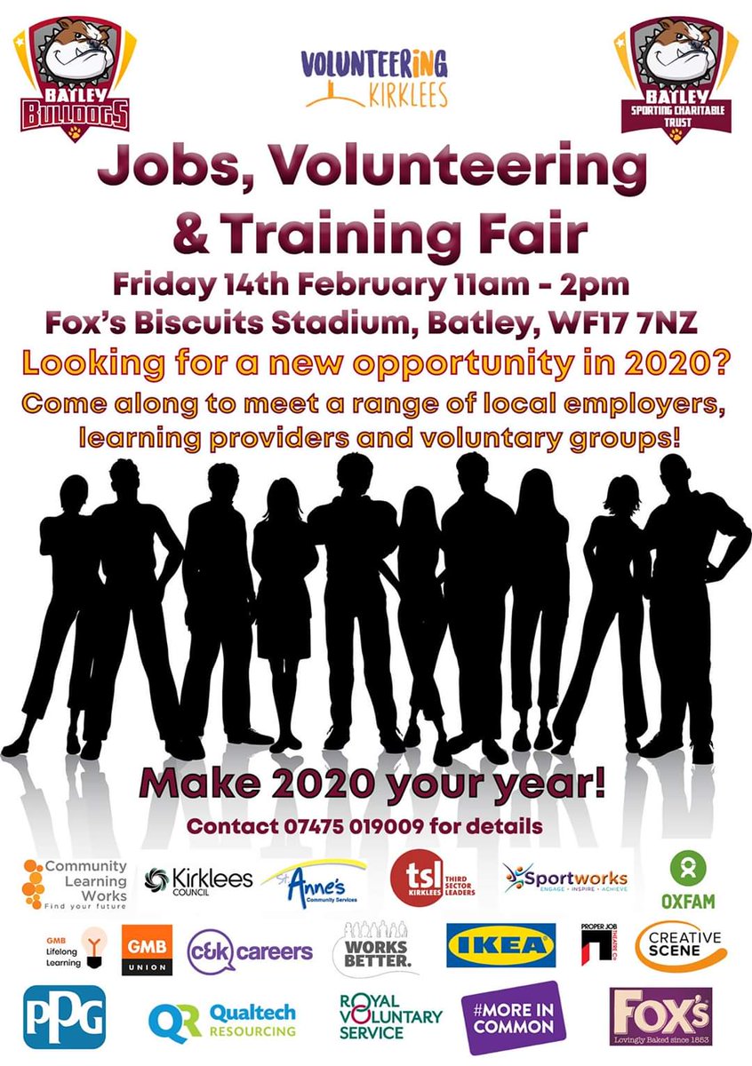 Come to the stadium next week Friday the 14th February for this drop in Jobs, training and volunteering fair, 11am until 2pm! Make 2020 your year! @vckirklees <a href="/foxs_biscuits/">Fox's Biscuits</a> <a href="/IKEAUK/">IKEA UK</a> <a href="/moreincommonB_S/">MoreInCommonBatley&Spen</a> <a href="/Batley_News/">Batley&BirstallNews</a> <a href="/ThePressLatest/">The Press Newspaper</a> <a href="/VisitBatley/">Visit Batley</a> <a href="/tslkirklees/">Third Sector Leaders Kirklees</a> @