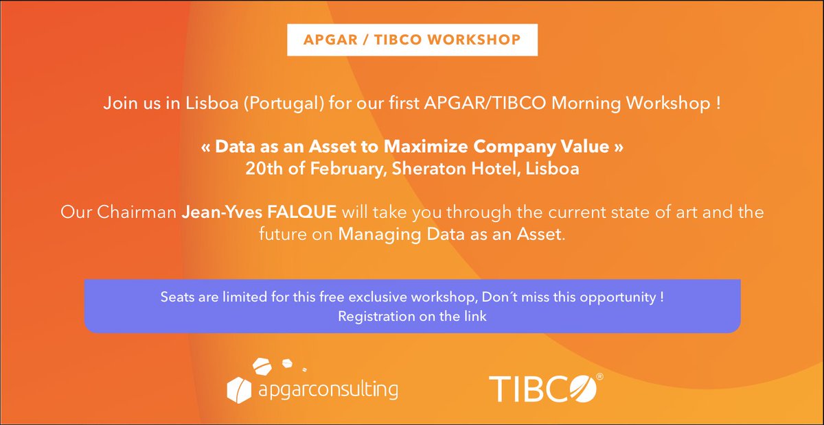 ApgarConsulting's tweet photo. [EVENT 🗣] Apgar is hosting, in collaboration with TIBCO, its first Data Management workshop in Lisboa (Portugal) on February, 20th !  Register now >>> https://t.co/QkPt4ztaS5 

#datamanagement #dataevent #dataadvisor #tibcofast https://t.co/Y7qQCWPWwQ