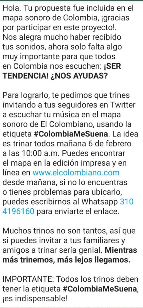 JavierRave2's tweet photo. #ColombiaMeSuena Hola a todos recuerden estar atentos hoy jueves 6 a las 10 am para escuchar nuestra música dentro del mapa sonoro de Colombia a través de @elcolombiano con la edición especial dirigida por @andrescepeda. https://t.co/enwmTzZpaL