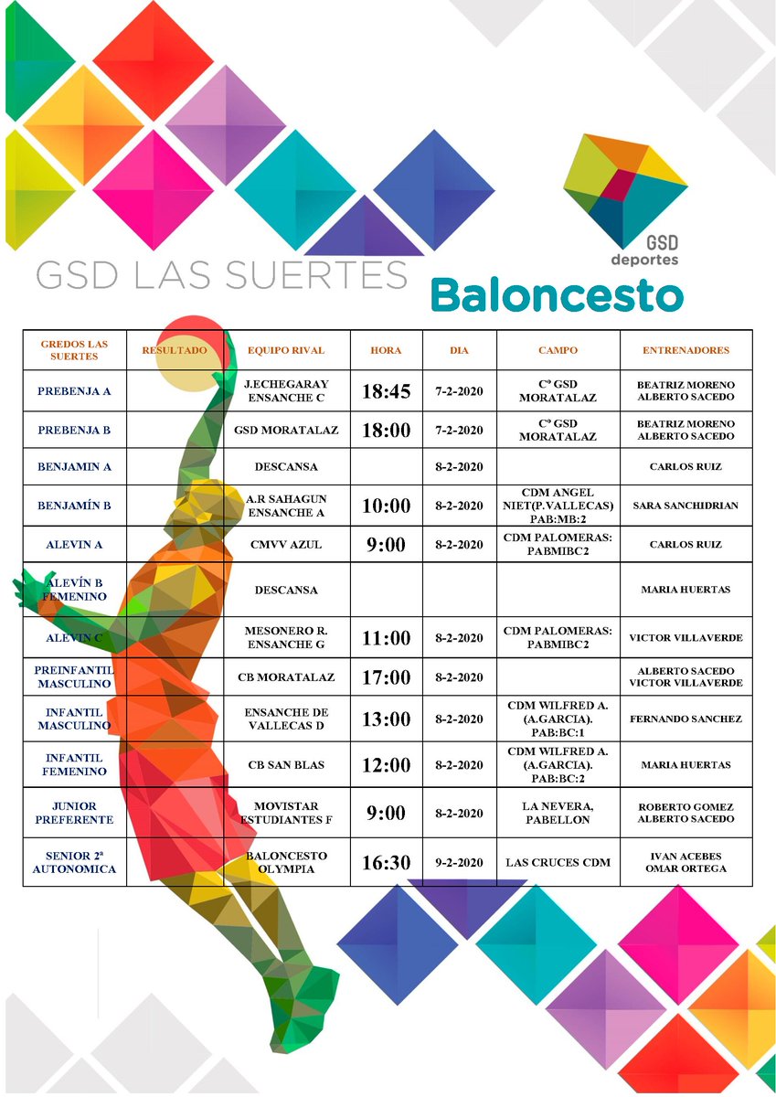 🏀🏐⚽️ GSD Las Suertes ⚽️🏐🏀

📆 Horarios de la Jornada para nuestros equipos.

¡Mucha Suerte a todos!

#DeporteGSD

<a href="/GSDcdeportivo/">Club Deportivo GSD</a> 
<a href="/andresclavero80/">Andrés</a> 
<a href="/jesus_drl/">Jesús DRL</a> <a href="/magi_313/">magdalena</a>