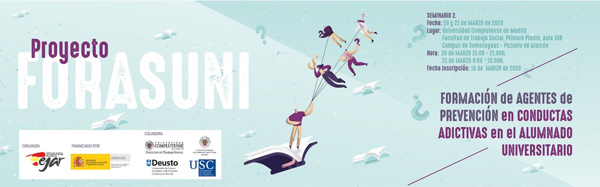fejarfederacion's tweet photo. Ya puedes inscribirte en el siguiente seminario #FORASUNI en la @unicomplutense de #Madrid los días 20 y 21 de marzo. Una oportunidad para el alumnado universitario. #PrevenciónJuegoUniversidad #PrevenciónEntreIguales #FejarPrevenciónUniversidad https://t.co/0ETJ98Vq5B https://t.co/rVuedF101u
