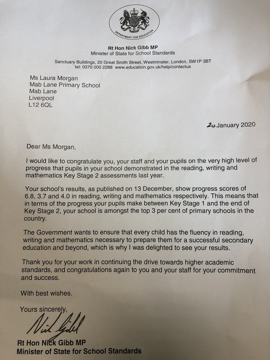 MrsTraceyMLP's tweet photo. Absolutely delighted to have received this letter from @NickGibbUK through the post this morning, so proud of the children and staff @MabLanePri @RichieReid89 @EducateMag @SI_Liverpool @CllrBMurray @tonyconcepcion3 #onlythebest #proud https://t.co/sGnLhajMuH