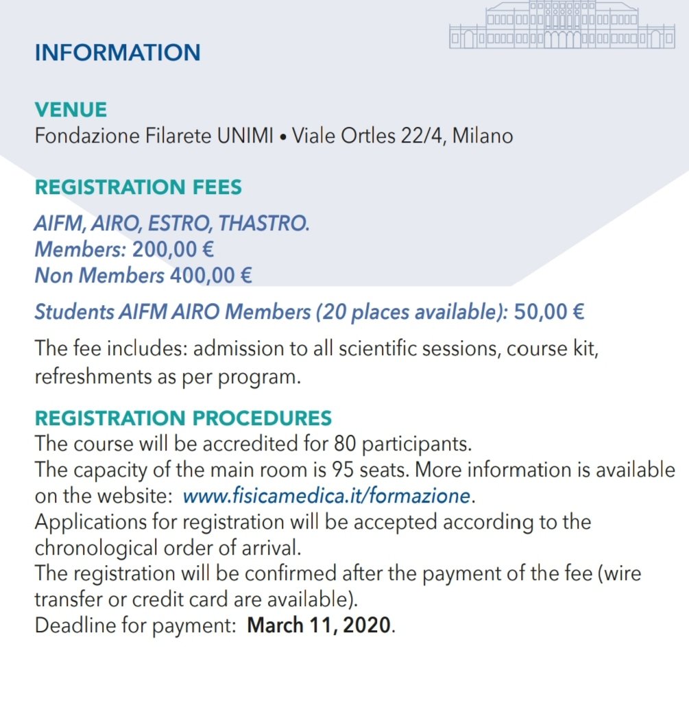 MancosuPietro's tweet photo. Next 25-27 March in Milan, @fisica_medica organizes a course on "the basis of sbrt for physicists".
Endrosed by @ESTRO_RT @EFOMP_org #thastro.
English will be the official language. Ask me for further information. https://t.co/EU0iUODadf