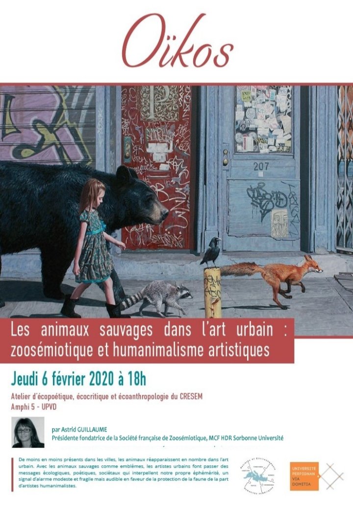 AstridGUILLAUME's tweet photo. [Conf] Atelier d'écopoétique, d'écocritique, d'écoanthropologie université de Perpignan @upvd1
Les #animaux dans l'art urbain zoosémiotique et #humanimalisme artistiques @AstridGUILLAUME @LettresSorbonne @Sorbonne_Univ_
#culture #arturbain #sémiotique #streetart #innovation #art https://t.co/kSaJqQRl2r