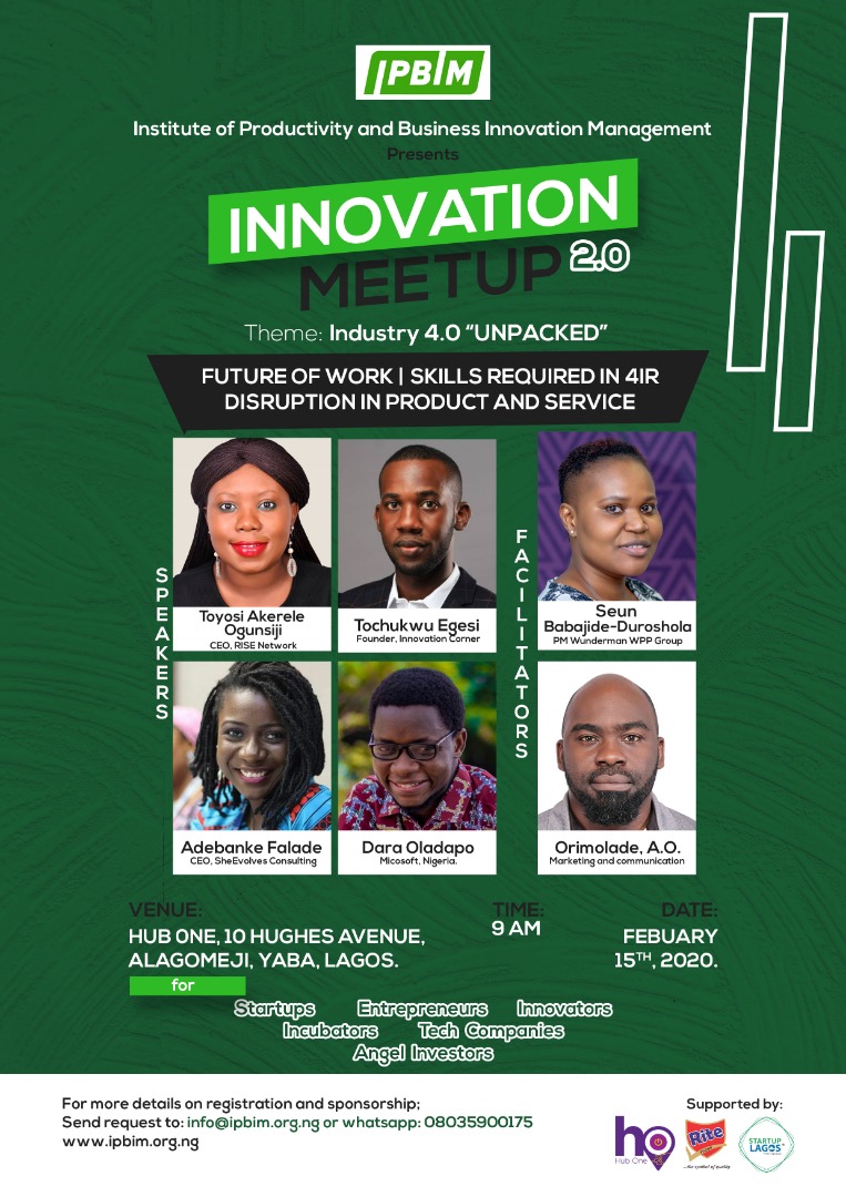 IpbimAfrica's tweet photo. Innovation Meetup 2.0 is here ... are you ready for the new-normal coming to your industry

Date: 15th Febuary, 2020
Venue: Hub One, Yaba, Lagos
Time: 9am - 12 noon 

Click here NOW to connect yourself to the future... https://t.co/b9Z8ZAKugV

See you there!

#IPBIMTeam https://t.co/5Qft085cDM