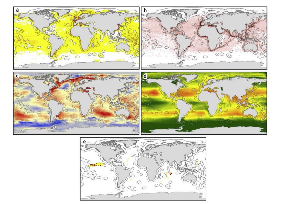 5 world maps detailing the different pressures from fishing, shipping, changing climate and likely sites of deep sea mining
