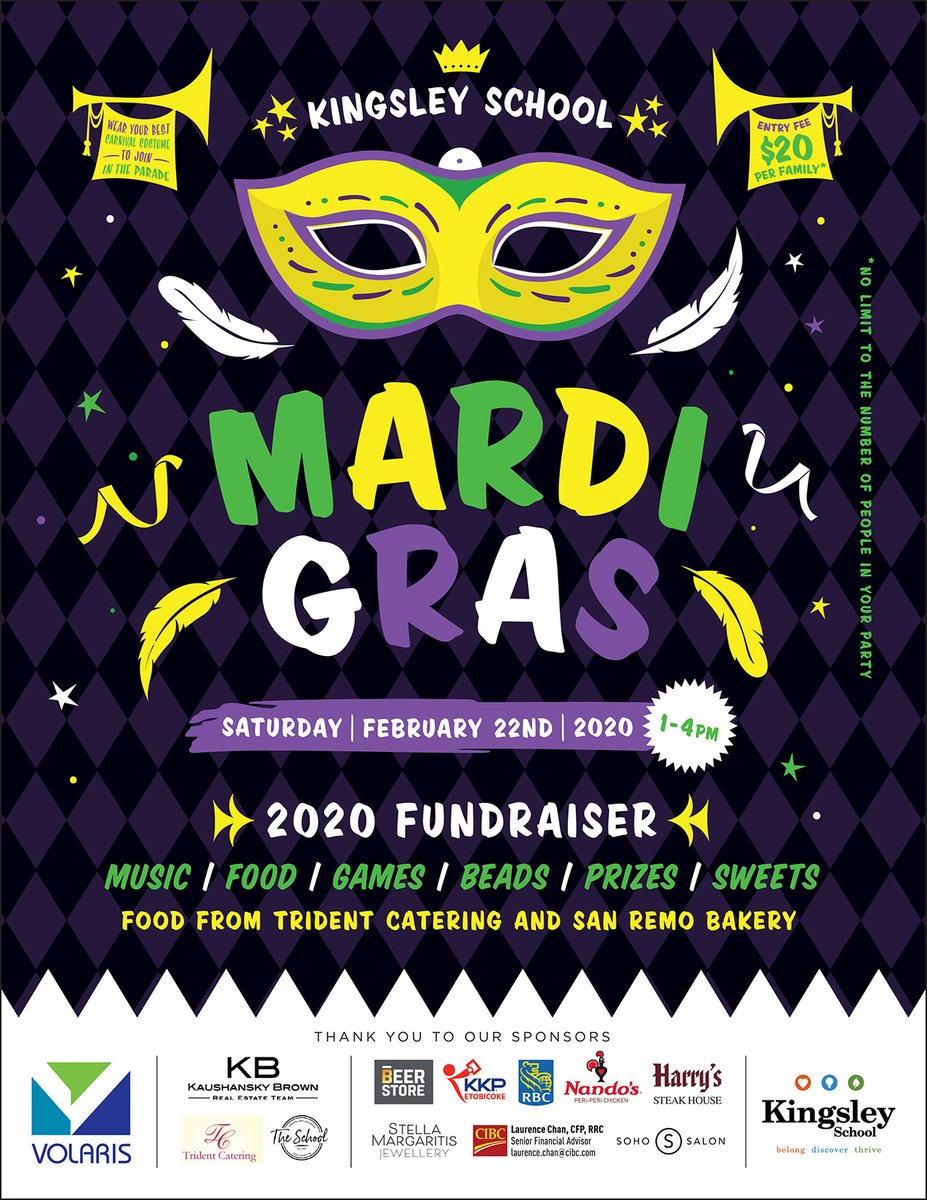 KingsleyToronto's tweet photo. SAVE THE DATE! We are holding a Mardi Gras Fundraiser to help enhance school technology for our students. Enjoy food, games, prizes, live entertainment and more! Free parking. All ages welcome! #communityevent #belong #discover #thrive #schoolwithagreatbigheart #happykids https://t.co/G5qvewTDXy