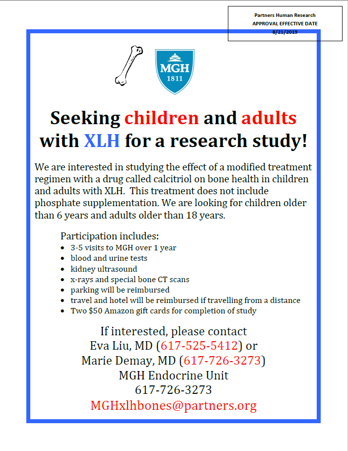 Children and adults with X-linked hypophosphatemia #XLH wanted for research study of a new treatment regimen! We’re studying the effect of a drug called calcitriol on bone health, without phosphate supplementation. Participants will be reimbursed for travel expenses.