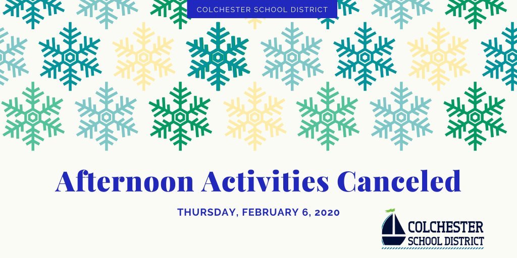 CSDCommunity's tweet photo. All after school activities and events are canceled district-wide today. The ACE Afterschool Program run by 
@ColchesterRec will remain open in all locations. ☃️ 
@CHSLakersVT @CMSPrincipals @mbsosprey @PPSPanda
@UMSChamps https://t.co/km7rb8f5HW