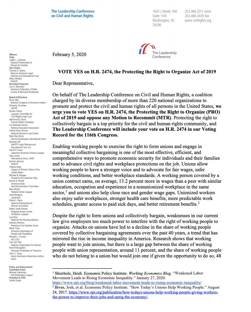 Screenshot of page 1 of our letter to the House in support of the PRO Act. The full text of the letter is available at the link in the original tweet.