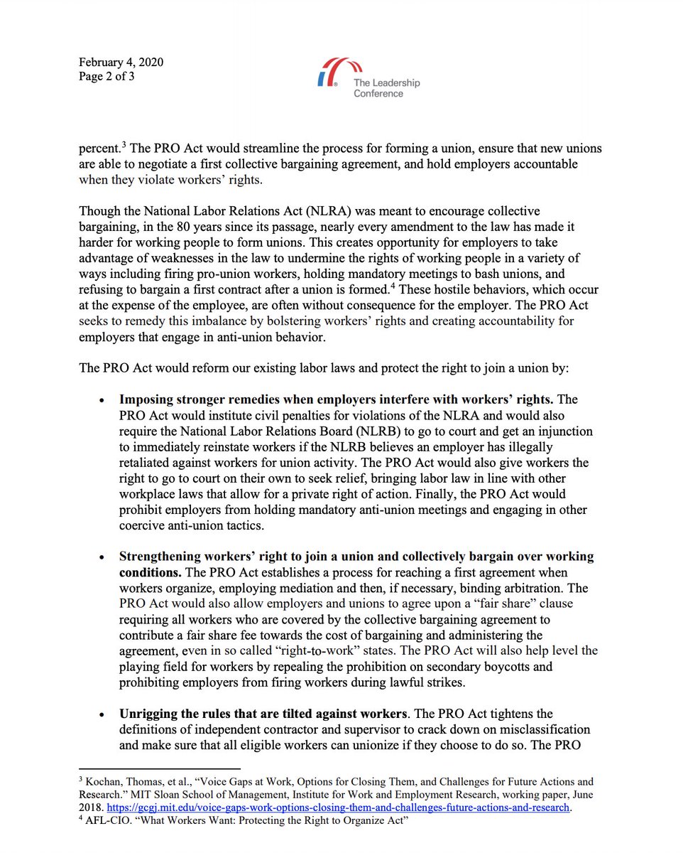 Screenshot of page 2 of our letter to the House in support of the PRO Act. The full text of the letter is available at the link in the original tweet.