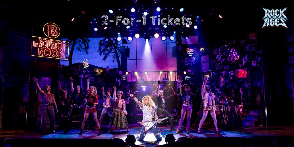 RockOfAges's tweet photo. Double the rock, double the party! Get 2-for-1 tickets to #RockofAges this #OffBroadwayWeek (2/10 - 2/23) with code OBW20 at https://t.co/CVtzeckhS2. https://t.co/q52niaEuwv