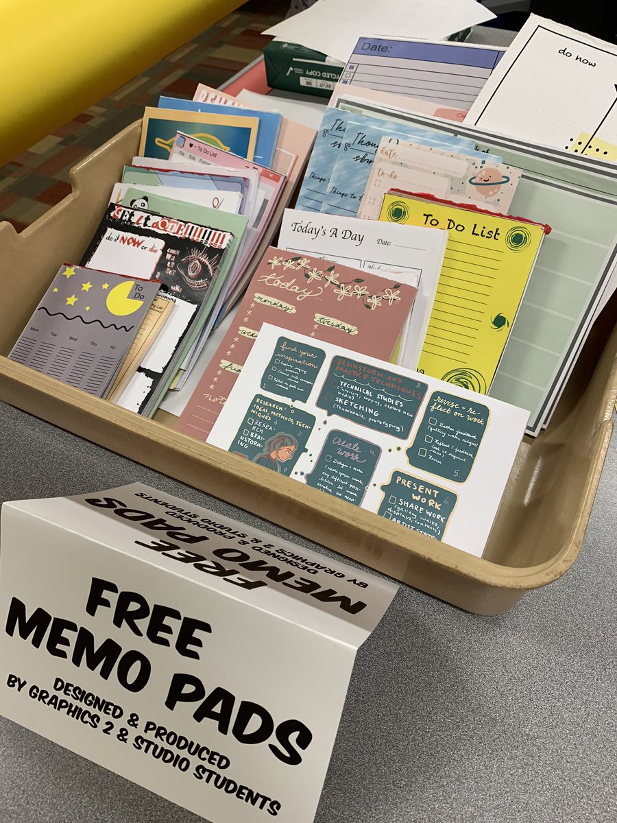 BataviaGraphics's tweet photo. BHS Teachers &amp; Staff! Get them before they’re gone. Free memo pads in the workroom designed &amp; produced by Graphics 2 &amp; Studio! #todolist @BataviaHS https://t.co/jjrd3rAS3a
