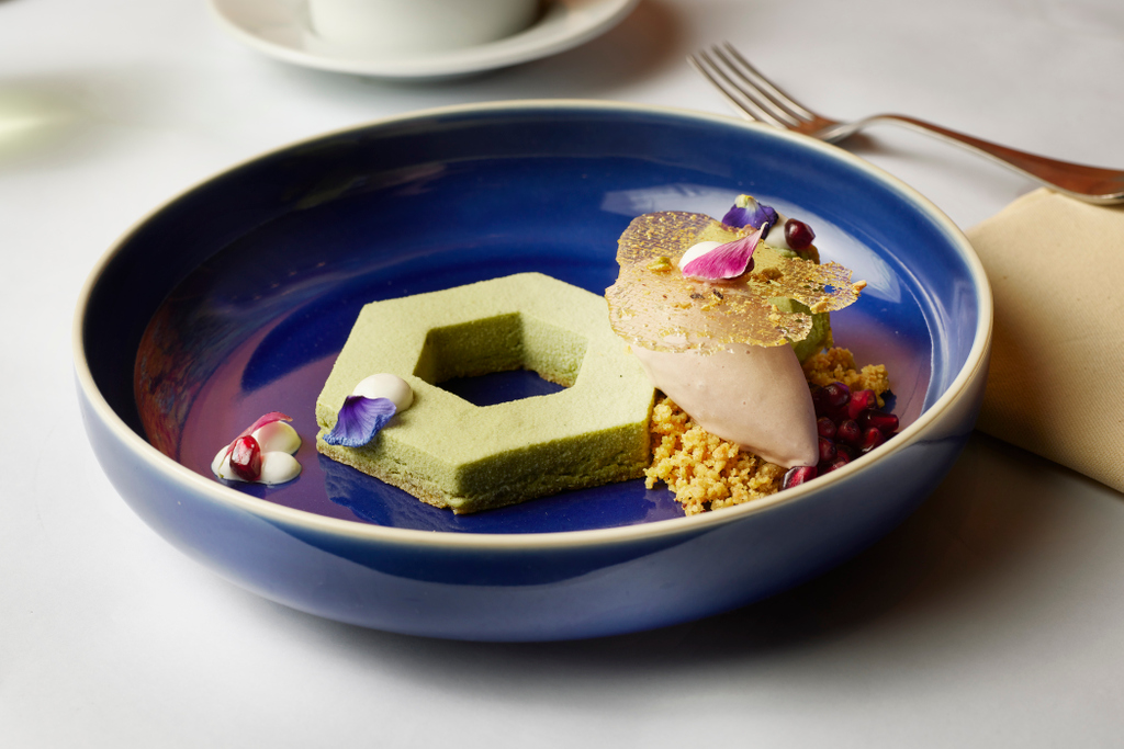 The weekend is so close we can taste it... Pistachio Parfait | semolina crumble, pistachio-honey tuile, pomegranate gelato.