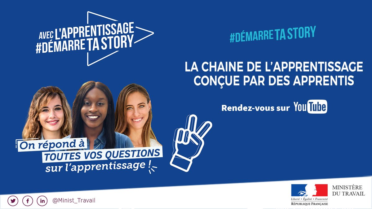 Travail_Gouv's tweet photo. #Apprentissage 🎓 | Découvrez #DémarreTaStory, la campagne de valorisation de l'apprentissage faite par des apprentis pour les futurs apprentis et leurs parents !
RDV sur notre chaîne @YouTube
Jade, Marianne et Juliette répondent à toutes vos questions !
➡https://t.co/xaD7ngPqCu https://t.co/reVp2d7Haz