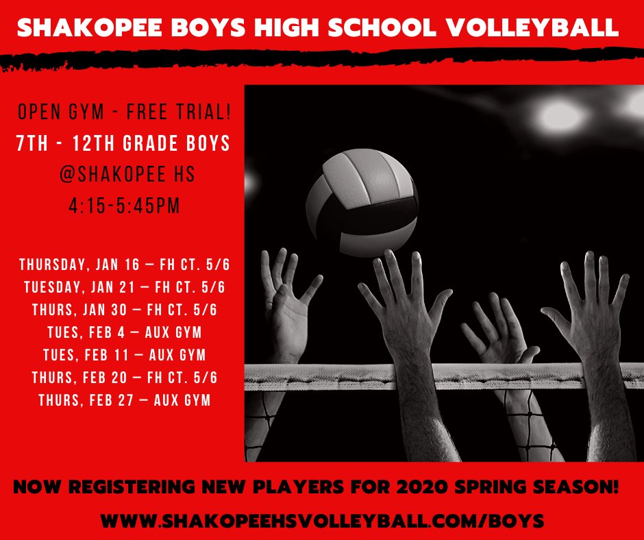 Boys Volleyball Season Starts first week of March.
Register now at shakopeehsvolleyball.com/boys

Show up at ANY Open Gym Dates to give it a try! Its FREE!