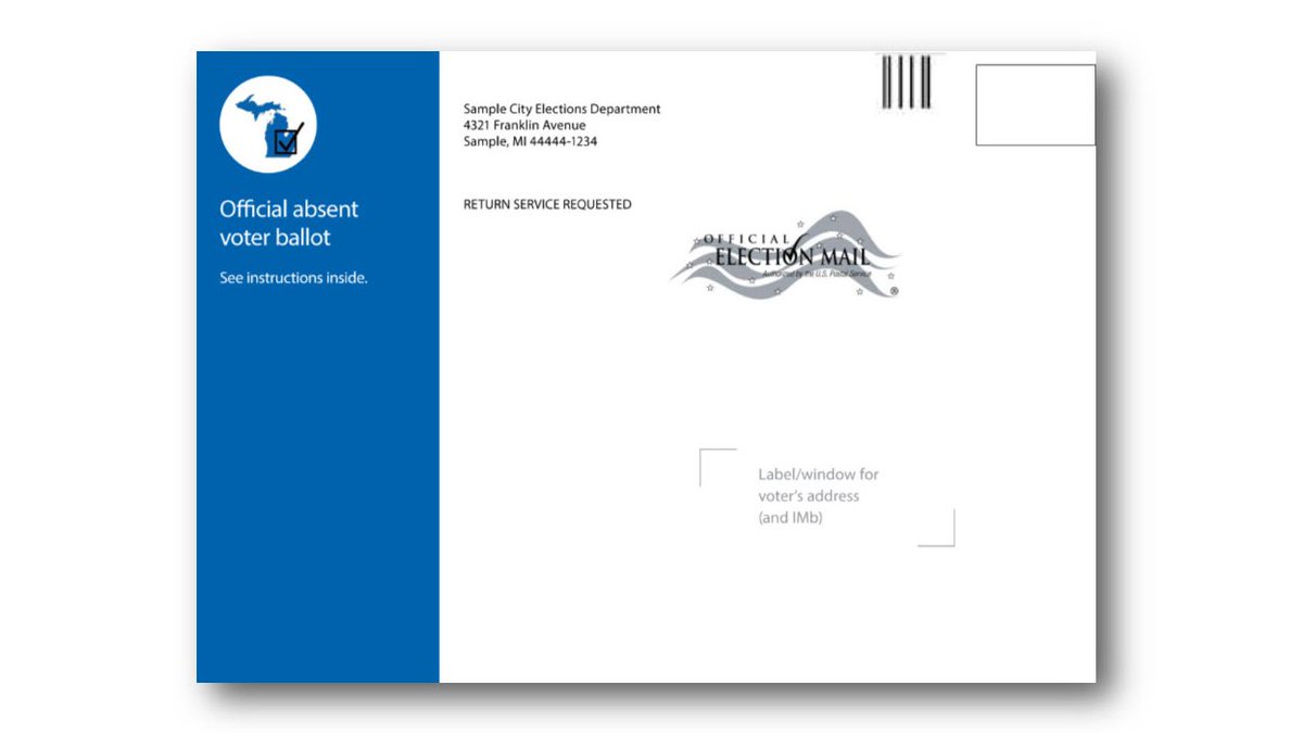 The front of the blue envelope that absentee voters will receive in the mail.
