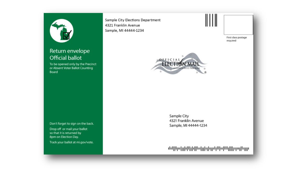 The front of the green envelope that absentee voters will mail back to their clerk.