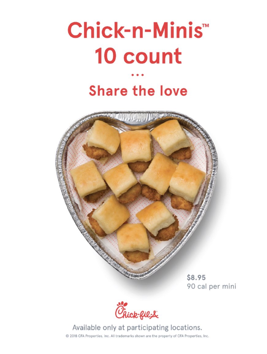 CFABeechmont's tweet photo. Starting today get your heart shaped trays of 10 count minis, 30 count nuggets or 6 count chocolate chunk cookies! 💕

While supplies last.

#valentinesday #heart #chickfila #chickfilaanderson https://t.co/zwtEb9qlO1