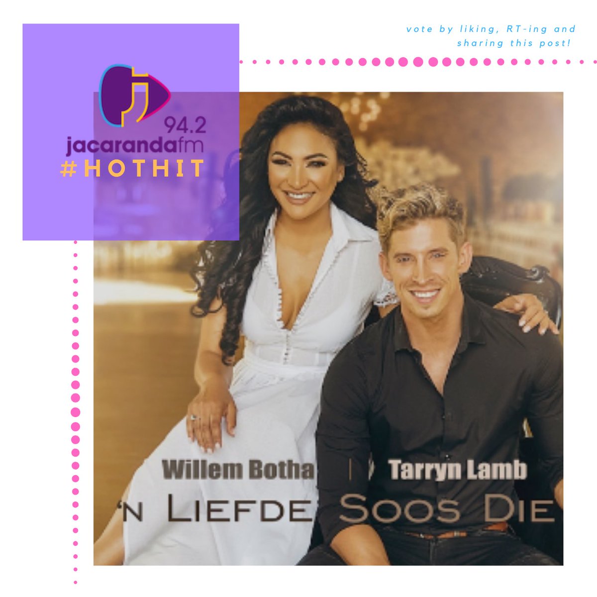 Jacaranda FM (@jacarandafm) on Twitter photo The last #HotHit this week is from <a href="/TarrynLamb/">Tarryn Lamb</a> and <a href="/WillemBotha/">Willem Botha</a>!
Will #nLiefdeSoosDie be the Hot Hit of the week? Let @itsDannyPainter know what you think! The last #HotHit this week is from <a href="/TarrynLamb/">Tarryn Lamb</a> and <a href="/WillemBotha/">Willem Botha</a>!
Will #nLiefdeSoosDie be the Hot Hit of the week? Let @itsDannyPainter know what you think!