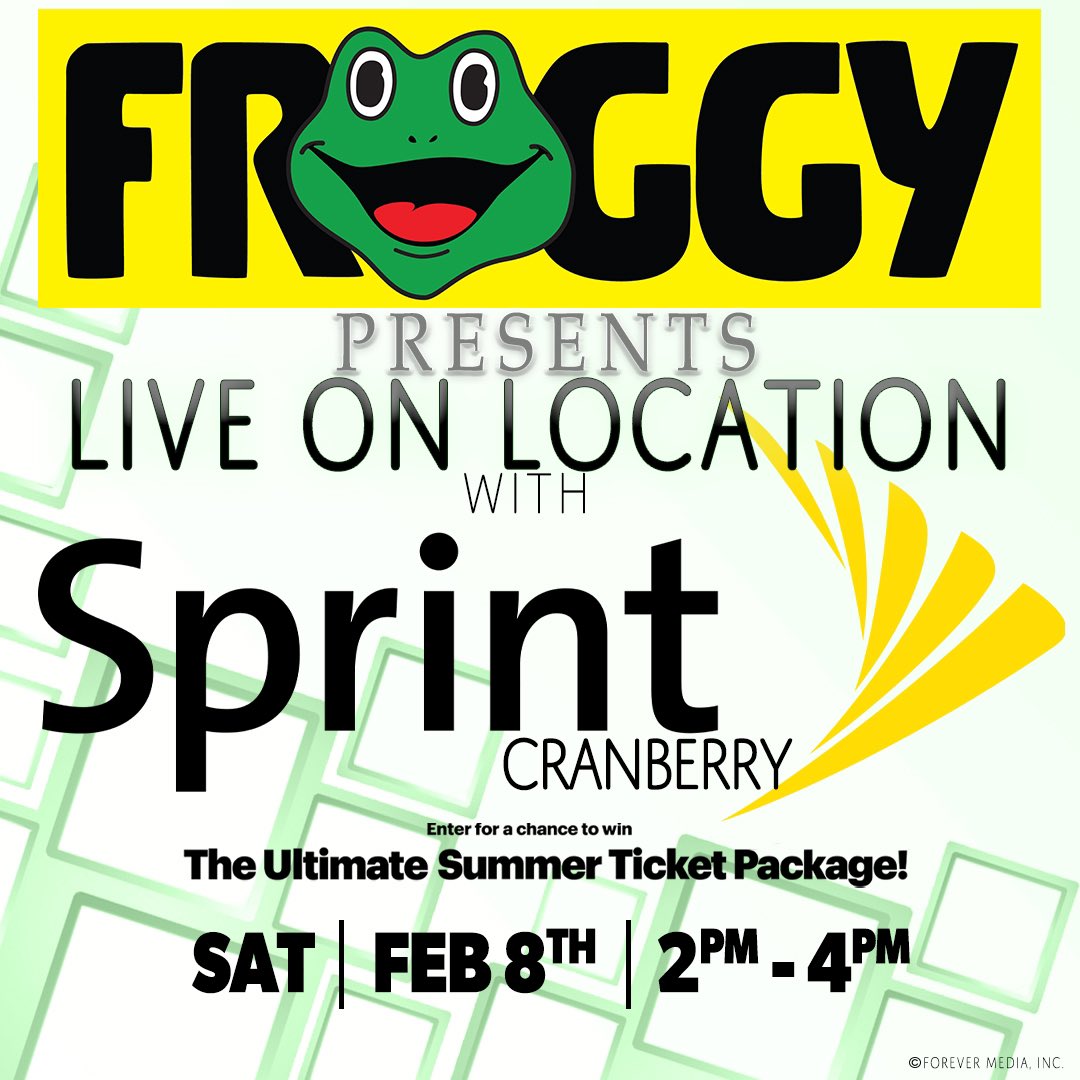 radiofroggy's tweet photo. Froggy live from @sprint in Cranberry Twp Saturday 2pm-4pm with tickets to NINE COUNTRY CONCERTS you can win!!! #UltimateSummerPackage and a chance to go backstage #SprintBackstage https://t.co/Cpv0tfGbUM
