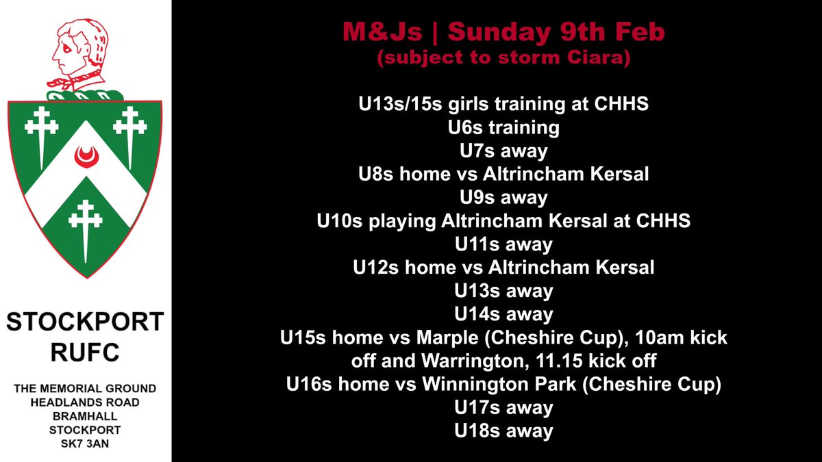 Stockportmandj's tweet photo. 📍 WHAT’S ON 📍
- 
⏰ SUNDAY 9 FEB : 9.45am
🏉 Midis &amp; Juniors | from 9.30am
🍽 ☕️ Breakfast barms and hot drinks from 9.45am
🏉 Stockport Scarlets @skscarlets | AWAY v @LittleboroughRU 
🇫🇷 BIG SCREEN 🇮🇹
-
Calendar | https://t.co/j2jeg5oIYb https://t.co/slu0TPOYR8