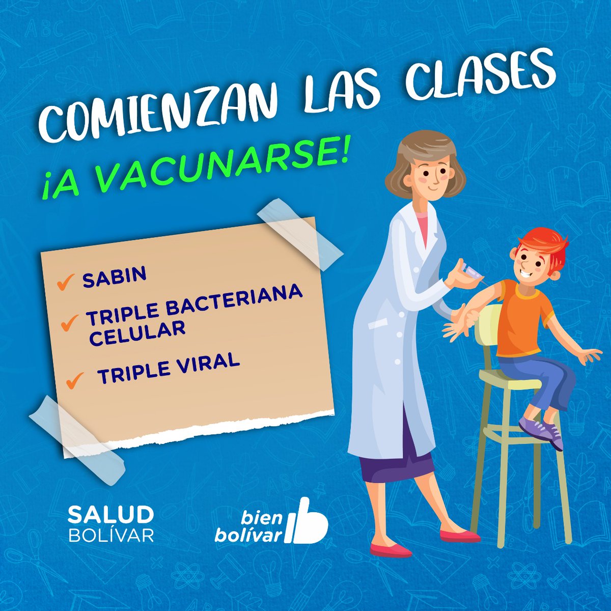 SaludBolivarArg's tweet photo. Si tu hijo/a comienza la primaria , recordá que necesita aplicarse las vacunas del ingreso escolar entre los 5 o 6 años.
Acercate a cualquiera de los Vacunatorios municipales !!!
Te esperamos!
La vacunación previene Enfermedades!
@MarcosEPisano 
@gobiernobolivar https://t.co/qEYIYyJpsO