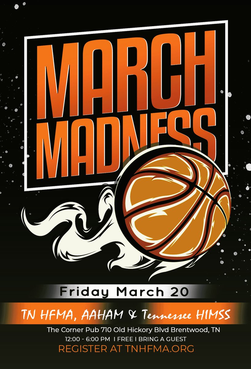 TennesseeHFMA's tweet photo. This year TN HFMA is joining forces with AAHAM and TN HIMSS at Corner Pub in Brentwood for March Madness Basketball.
Mark your calendars for Friday 3/9 from 12:00 - 6:00 PM (CST). Who do you want to win it all?
Register now!
https://t.co/ekZcMYA1EZ
#TNHFMA #AAHAM #TNHIMSS https://t.co/ug5nmVwaAc