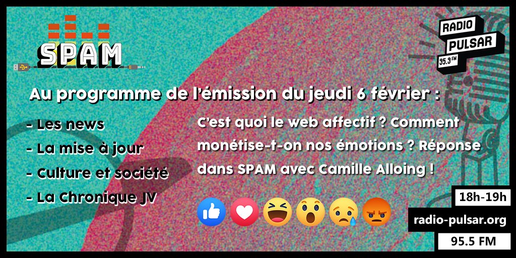SpamPulsar's tweet photo. Ce soir rendez-vous sur le 95.9 FM de @radio_pulsar ou sur https://t.co/QNKb5thvFs pour une émission sur nos émotions !
On parlera du #WebAffectif avec @CaddeReputation ! https://t.co/MIF1bjRSeX