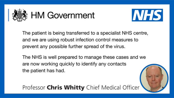 Statement from Chief Medical Officer: The patient is being transferred to a specialist NHS centre, and we are using robust infection control measures to prevent any possible further spread of the virus.

The NHS is well prepared to manage these cases and we are now working quickly to identify any contacts 
the patient has had.
