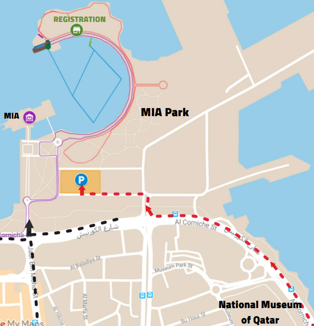 So your race doesn't get off to a bad start...
1) Remember you can only get to the park from the airport direction (red dashed line) The Corniche is closed.
2) Read the race pack thoroughly and know how many laps for your swim, bike and run. Good luck!
qtriseries.com/PDF/DohaTriath…