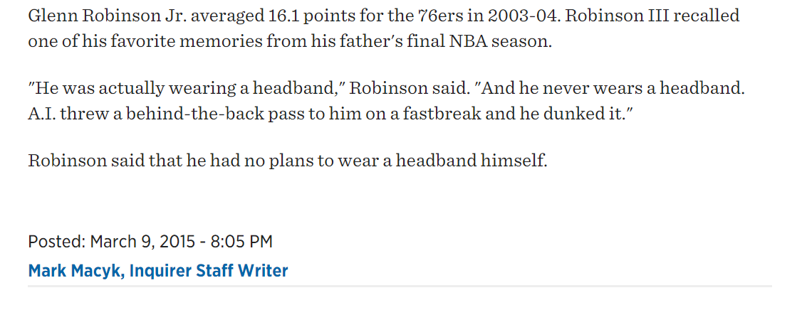 MarkMacyk's tweet photo. I have been using this story I wrote about the first time Glenn Robinson III signed with the 76ers for years to show elementary school kids how in the Inverted Pyramid the least essential information goes at the bottom. Glad he is back. https://t.co/8f9zZVF6Z5 https://t.co/fgbQrF3QIR