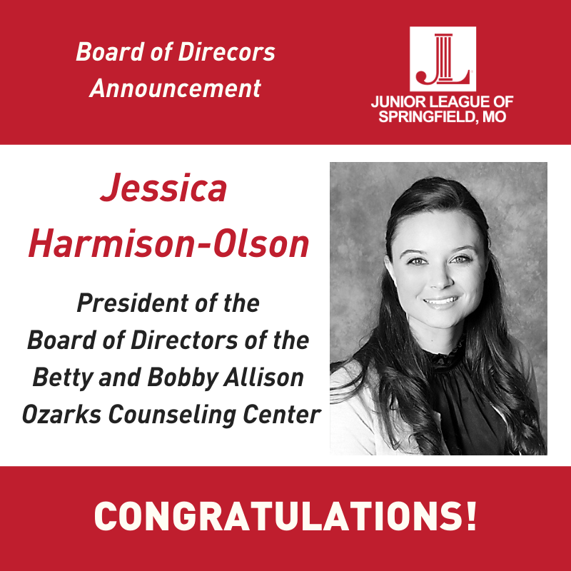 JLSGF's tweet photo. Congratulations to #JLSGF member, Jessica Harmison-Olson, who was elected President of the Board of Directors of the Betty and Bobby Allison Ozarks Counseling Center. #womenwholead https://t.co/4O0r9IFXzQ