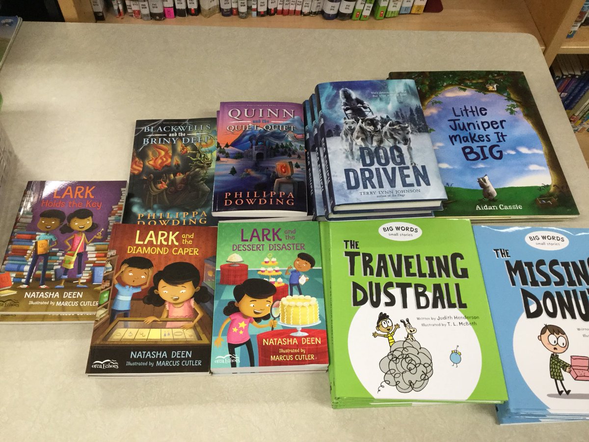 Readergirl4's tweet photo. Just unpacked my wish list of new books!! Excited to share with Ss & staff at my @NearNorthSchool s #QuinnAndTheQuietQuiet, #LittleJuniper #Lark series, #BigWordsSmallStories #DogDriven @phdowding @natasha_deen @judithhenderson @aidan_drawin @TerryLynnJ yippee! #IReadCanadian https://t.co/3o7VUOvmzF