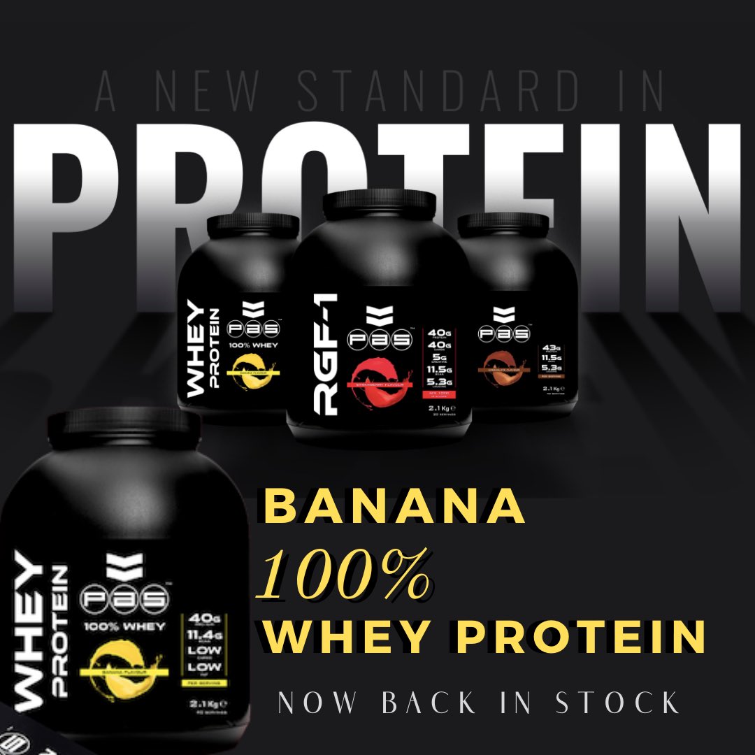 Back in stock 💪| Banana 100% Whey Protein... there’s a reason this flavour always sells out! 🤤

• 20g protein per scoop
• One of the highest-quality proteins on the market, rich in the amino acids involved in muscle building 💪
• Low carb
• Tastes 🤤
pas-nutrition.co.uk/proteins/100-w…