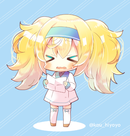 gambier bay (kancolle) 1girl solo blonde hair twintails standing chibi > <  illustration images