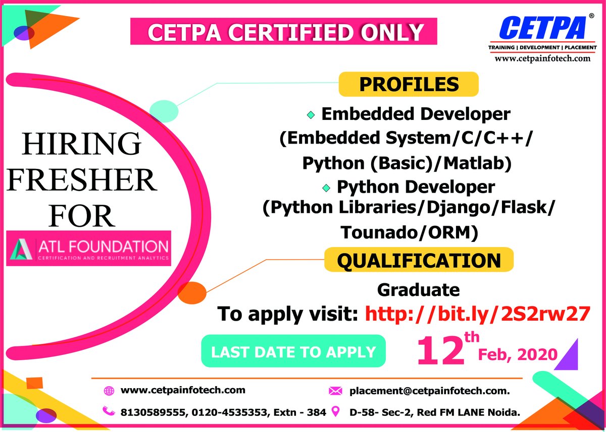 cetpainfo's tweet image. #JobOpening for Embedded Developer & Python Developer @ ATL foundation
🔗 Click to apply: bit.ly/2S2rw27
☎️ 0120-4535353
#EmbeddedDeveloper #PythonDeveloper #EmbeddedSystem #C #C++ #PythonBasic #MATLAB #PythonLibraries #Django #Flask #Tounado #ORM