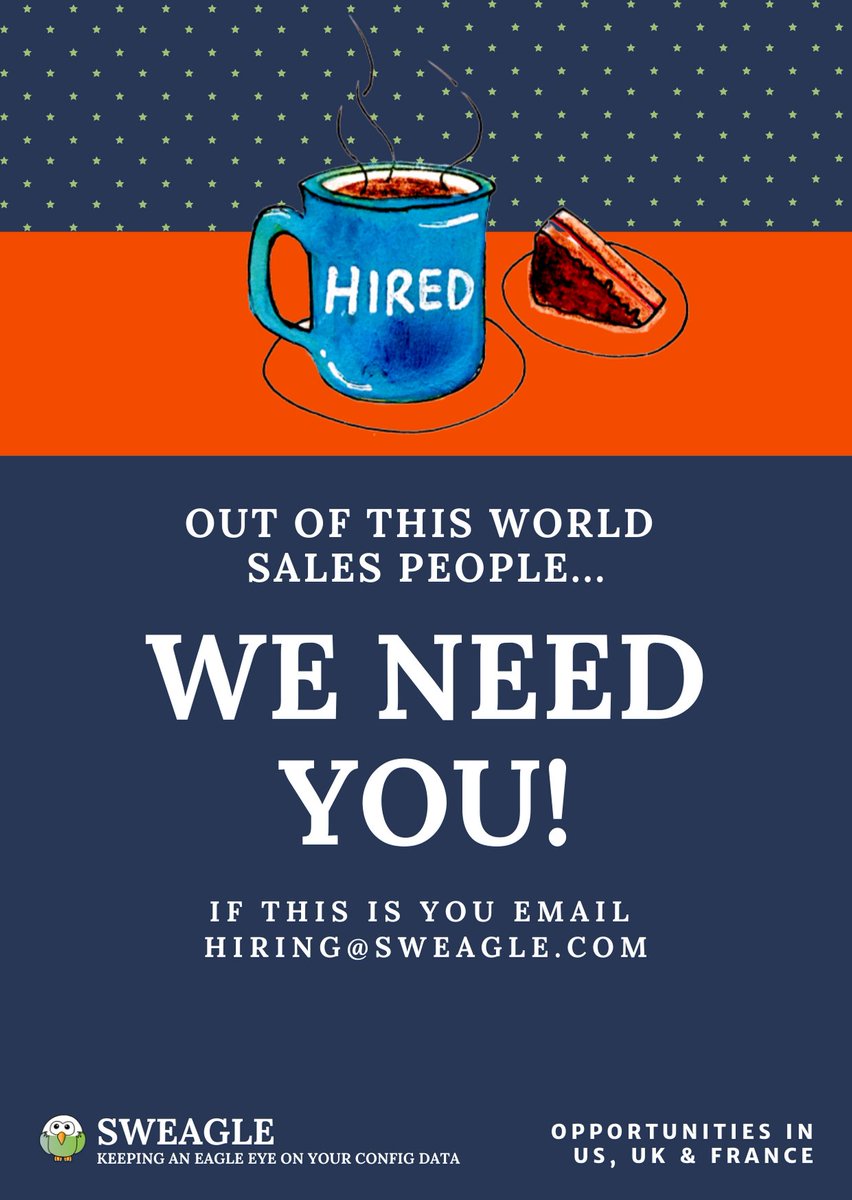 SweagleConfig's tweet photo. WE'RE HIRING | Are you an exceptional sales person who loves tech and likes to grab life with both hands? Join our rapidly growing teams. We're looking for sales people in the US, UK &amp; France. Get in touch if this is you or someone you know. 🚀
#vacancies #hiring #techsales #jobs https://t.co/RKxbwEjtRU
