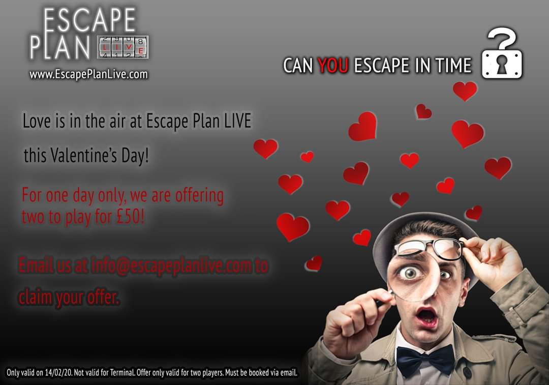 EscapePlanLIVE's tweet photo. Here at Escape Plan LIVE (or rather, Escape Plan LOVE), we have seen everything from first dates to proposals happen in our rooms! So we've decided to share the love this Valentine's day and offer 2 player games for £50. Email info@escapeplanlive.com - hurry, slots are limited! https://t.co/wy0zGLRgZT