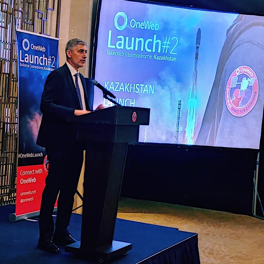 EutelsatGroup's tweet photo. OneWeb CEO @AdrianSteckel was joined by Mr.  Askar Zhumagaliyev, minister of digital development, innovation and aerospace industry of Kazakhstan, and Mr. Nurlan Kussainov, CEO of Astana International Financial Center to announce the name of the February 6 launch... https://t.co/av2BRkrt1s