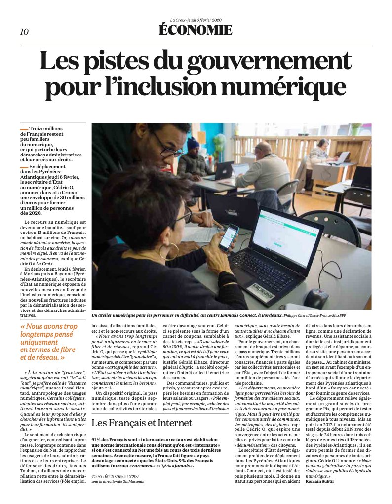 gis_marsouin's tweet photo. Dans @LaCroix  aujourd'hui, un bon papier sur l'#inclusion numérique, qui s'appuie sur des données @gis_marsouin #CAPUNI2019, commentées par notre codirecteur #PascalPlantard. 
Avec @regionbretagne et @AgenceNumerique 
Infos #CAPUNI2019 : https://t.co/FP8nuLYZqk https://t.co/xwSqyfcQ4m