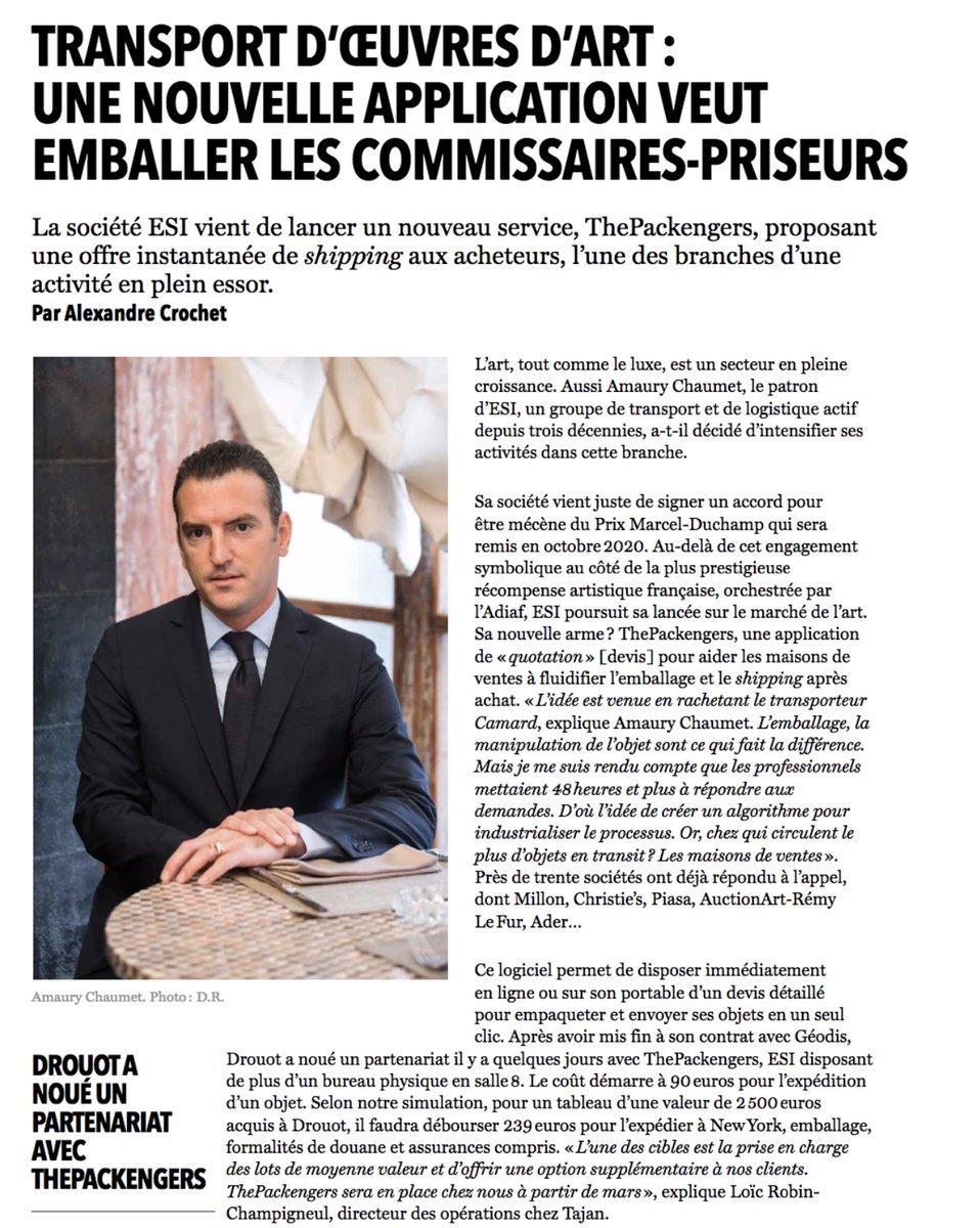 esifineart's tweet photo. @esifineart in @TANdailyFrance 
ThePackengers
Instant prices &amp; e-logistics for fragile objects
Contact : hello@thepackengers.com

#instantprice #fragile #objects #onlineservice 
#auctionhouse #marketplaces #luxuryindustry #art #artworks #design #interiordesign #contemporary https://t.co/SzbB4aXwhd
