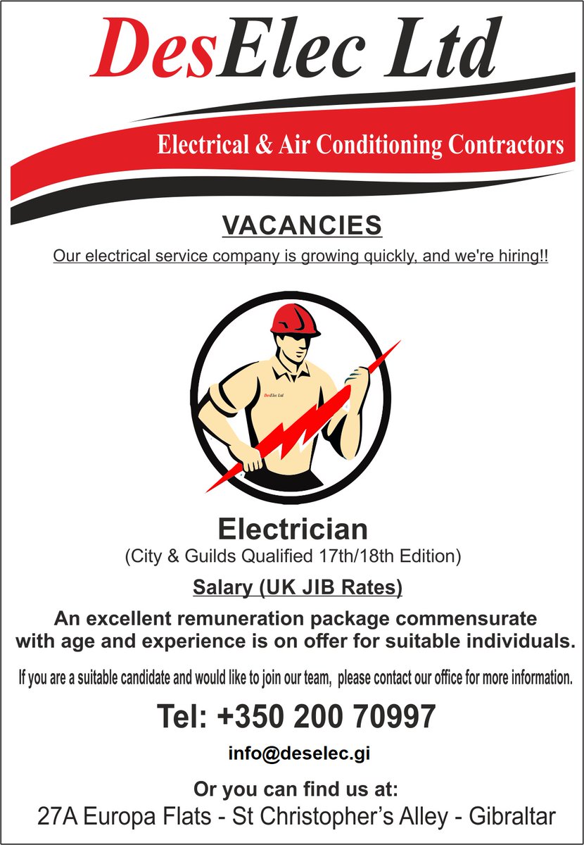 DesElecLtd's tweet photo. DesElec is currently hiring for a 17th/18th edition qualified electrician. See our advert for further details. #electrician #Gibraltar https://t.co/QJr6eHo2rB