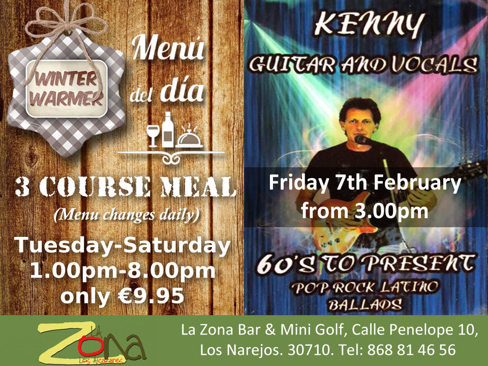 lazonaminigolf's tweet photo. This week's Friday afternoon entertainment is provided by Kenny!!
Try our La Zona Menu del Dia...3 course meal for only €9.95.
Available Tuesday-Saturday 1pm-8pm. Menu changes daily.
Great food, great price, great entertainment at La Zona!! https://t.co/efIxE6Lesn