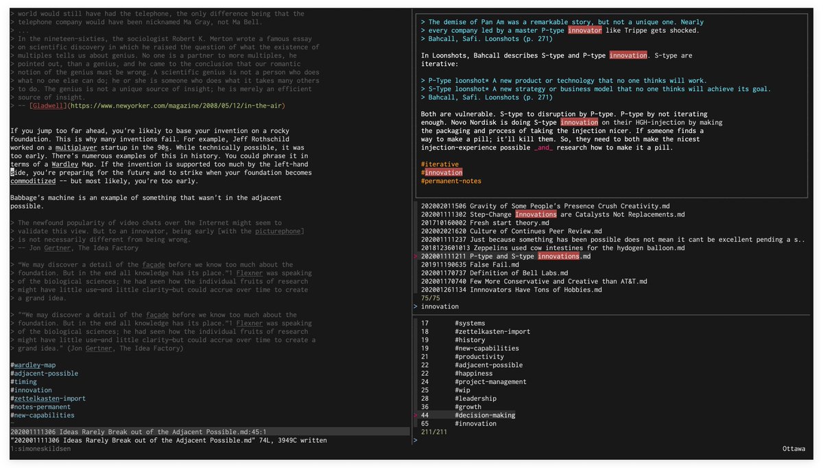 After years putting up with slow note-taking apps with limiting APIs I've weaved together this tmux, fzf, rg, markdown, vim, sqlite, ctags, powered note-taking beast. So fast.
