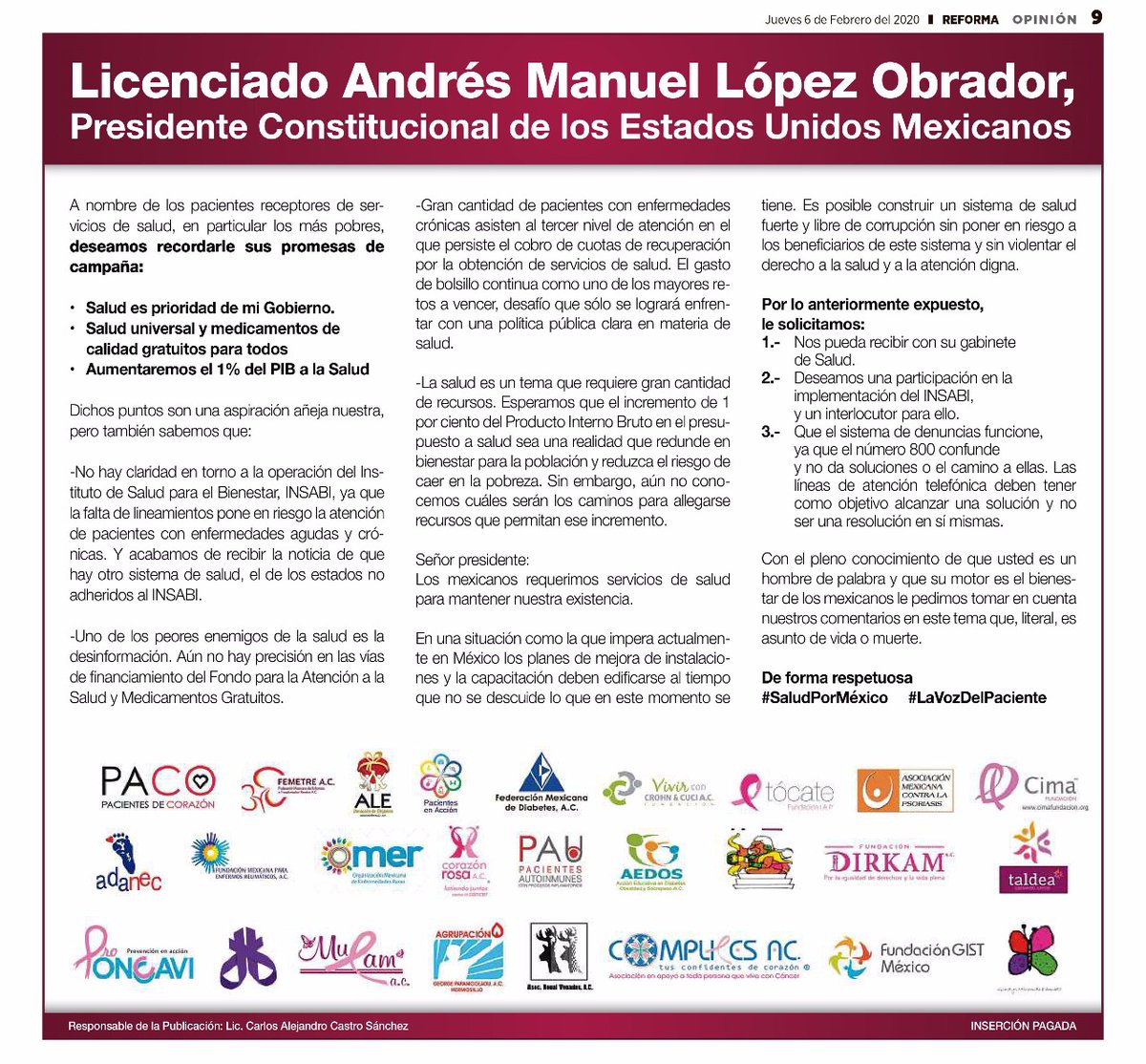 AleAsociacion's tweet photo. Para ALE, es fundamental que los mexicanos tengan acceso a atención médica y medicamentos que les permitan preservar y mejorar su calidad de vida. Hoy hacemos un respetuoso llamado como #VozDelPaciente, #SaludPorMéxico🇲🇽 https://t.co/IDIxVPN5fR