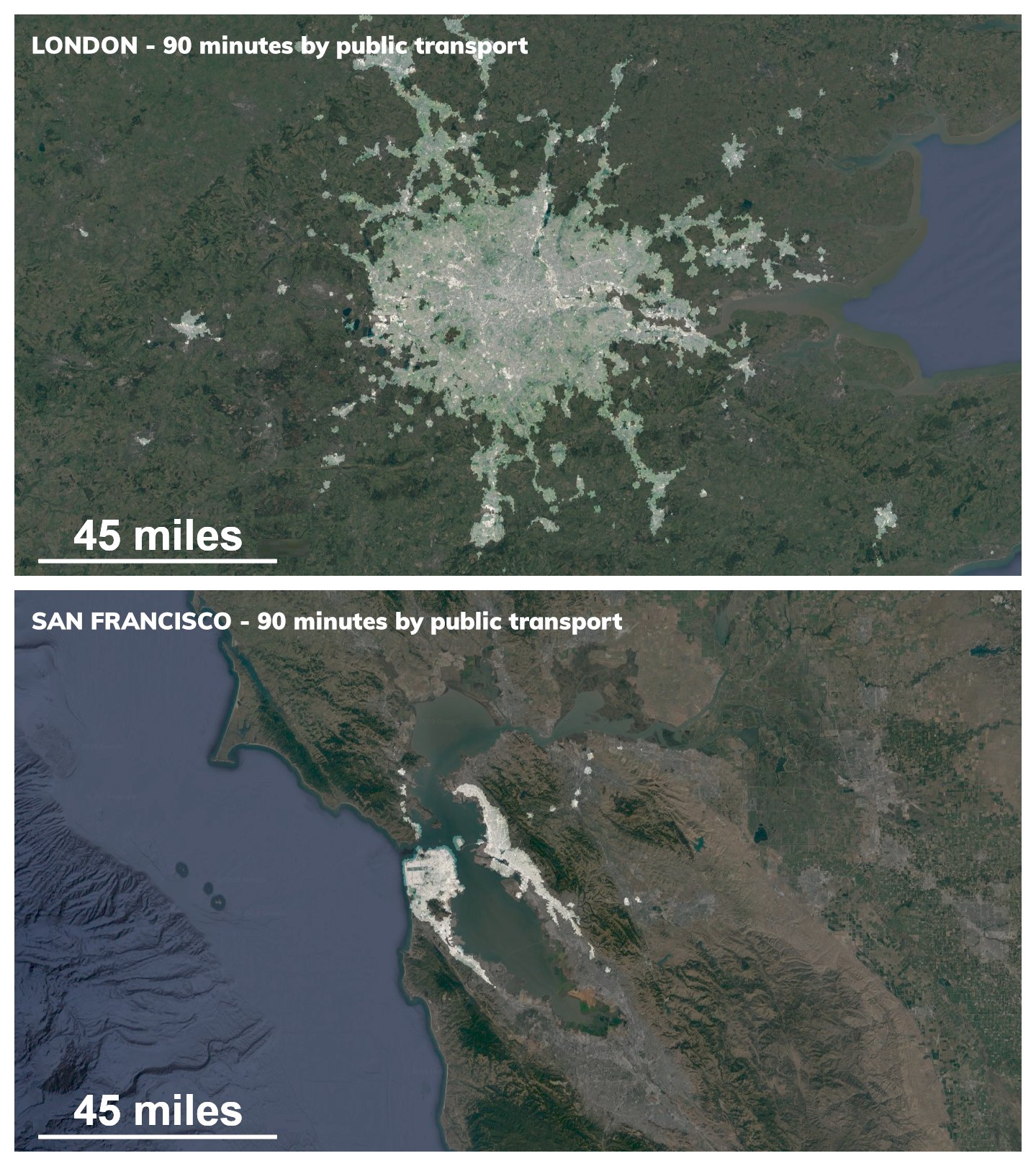 45 Miles From My Location Alasdair Rae On Twitter: "How Big Is The 90 Minute Public Transit Commuter  Zone For London Vs San Francisco? This Is My Attempt To Answer The  Question. Arrival Point Is Central London