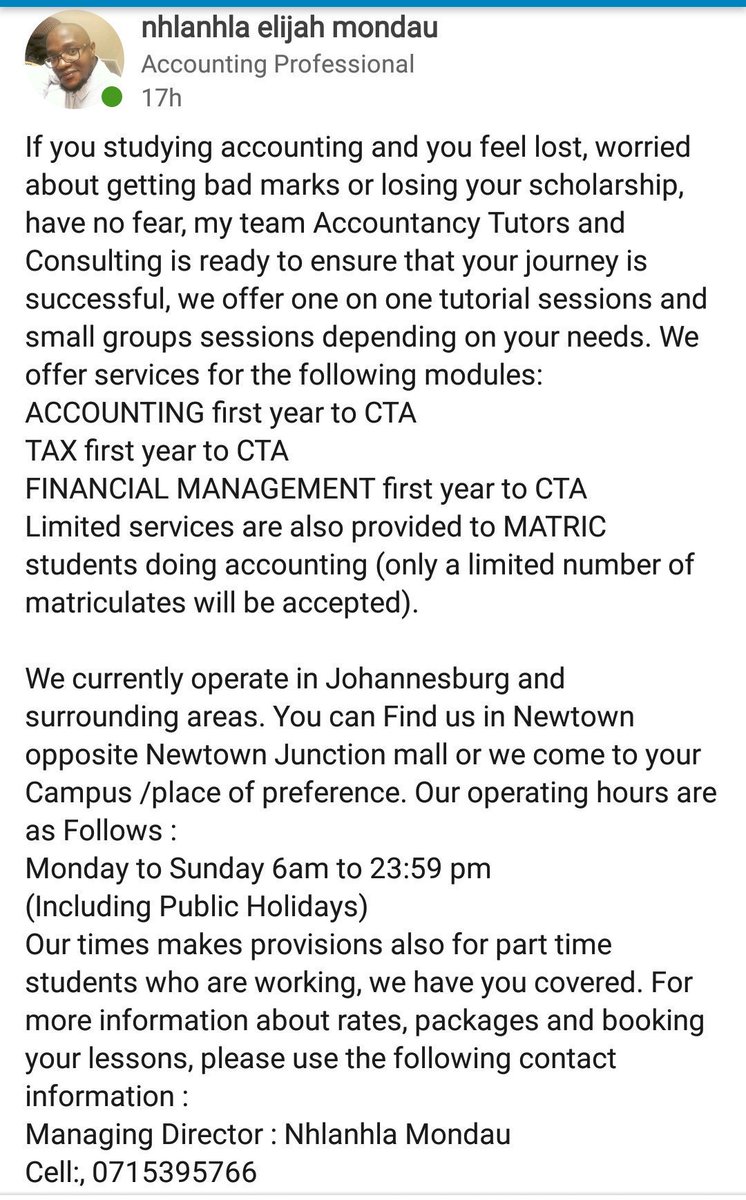 DieStreetKid's tweet image. We are Accountancy Tutors and Consulting, we provide one on one and small groups Tutoring/Consulting for Accounting/Tax/Maths/MBA and Finance.We have a team at UJ,VC,UP,Mancosa,UNISA and Wits,our offices are in Newtown next to the Junction.plsRTsupportblack SMMES #IWasInFirstYear